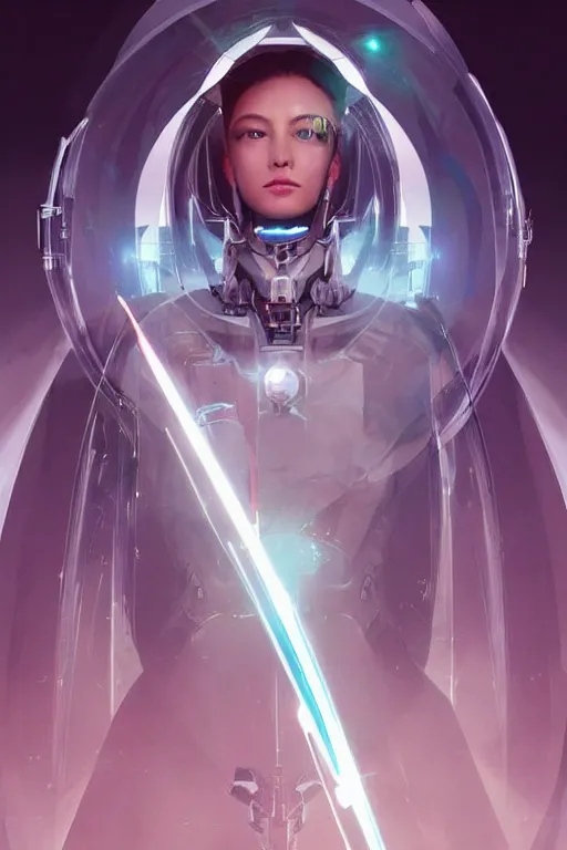 Image similar to beautiful cyborg priestess, scifi, perfect face, futuristic, elegant cape, aura of light, glow, concept art, sharp focus, inside a space ship, trending on artstation, hwang se - on, intricate, advanced technology, art by roman makarenko and simon almeida and marcos melco