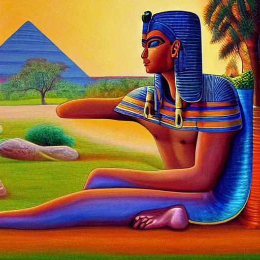 Image similar to painting of a peaceful Egyptian pharaoh relaxing under a tree by alex grey, acrylic art, calm, soothing, cosy, elegant, soft light,