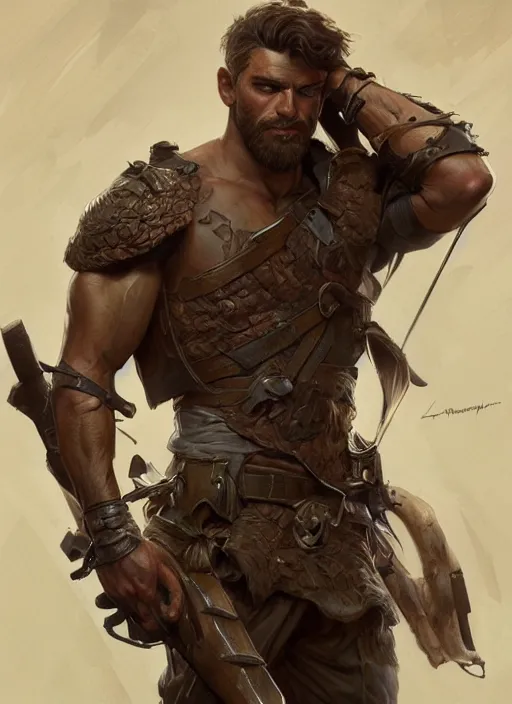 Image similar to Rugged ranger, male, man, D&D, muscular, bare thighs, fantasy, intricate, elegant, highly detailed, digital painting, artstation, concept art, smooth, sharp focus, illustration, art by artgerm and greg rutkowski and alphonse mucha