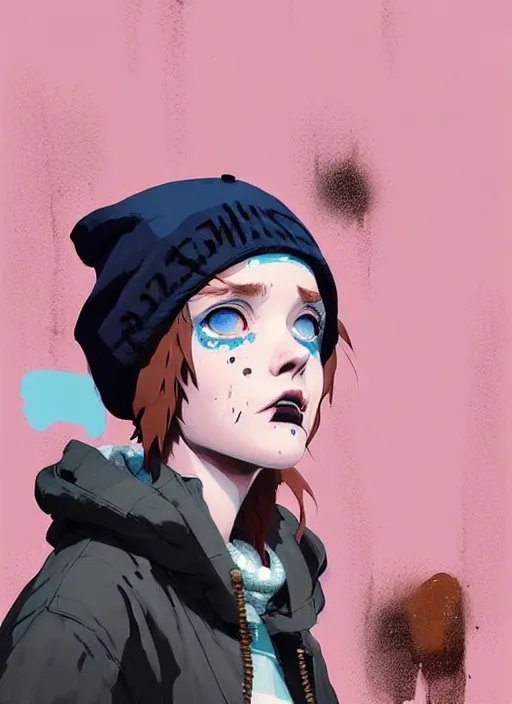 Prompt: highly detailed portrait of a sewer punk lady student, blue eyes, tartan hoody, hat, white hair by atey ghailan, by greg rutkowski, by greg tocchini, by james gilleard, by joe fenton, by kaethe butcher, gradient pink, black, brown and light blue color scheme, grunge aesthetic!!! ( ( graffiti tag wall background ) )