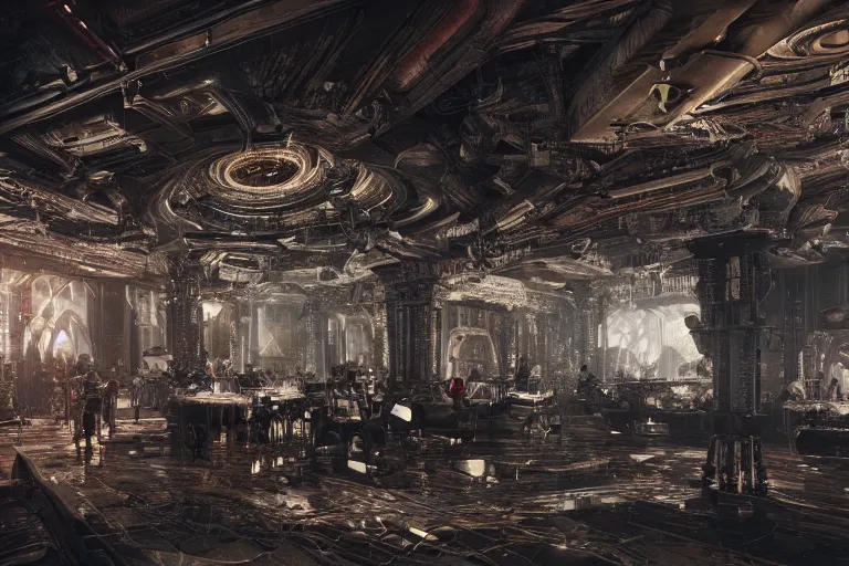 Image similar to underground techno club, hypermaximalistic, high details, cinematic, 8k resolution, beautiful detailed, insanely intricate details, artstation trending, octane render, unreal engine,