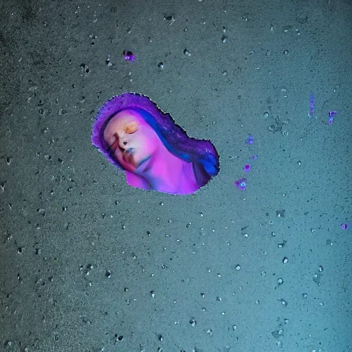 Prompt: overhead view of iridiscent oil slick with a woman's corpse connected by a transparent pipe to a baby buried under oil slick, faded, depth of field, ultra realistic, very detailed, glitch, by nadav kander, 8 k hyper realistic detailed cinematic