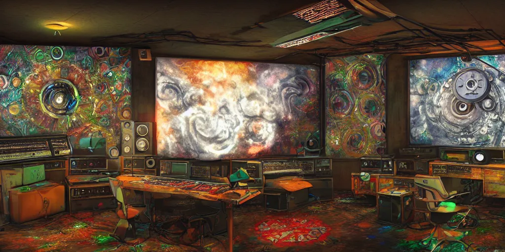 Prompt: A realistic painting of a vintage reel to reel computer, with psychedelic mushroom art on the screen, in a post apocalyptic recording studio, daytime, unreal 5, DAZ, hyperrealistic, octane render, RPG portrait, dynamic lighting,