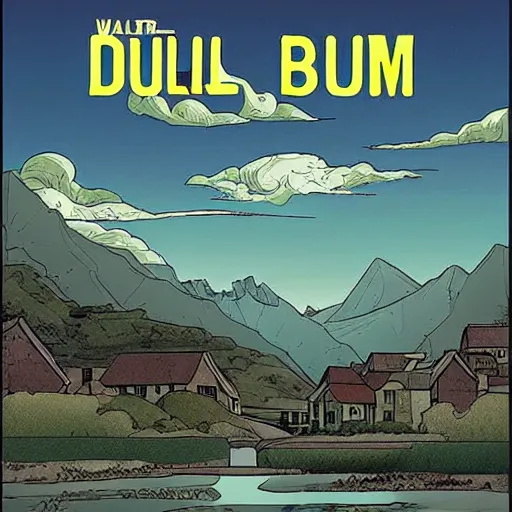 Image similar to dull by warren ellis. the computer art is of a small village with a river running through it. in the distance, there are mountains. the sky is clear & the sun is shining.