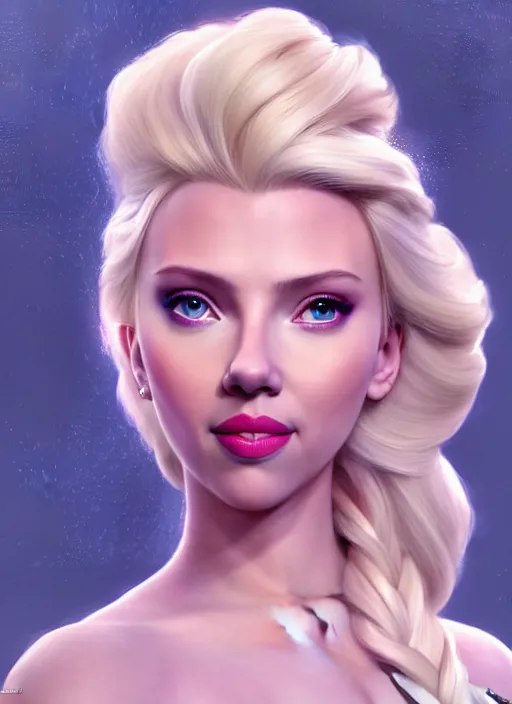 Image similar to scarlett johansson as Elsa from Frozen, au naturel, hyper detailed, digital art, trending in artstation, cinematic lighting, studio quality, smooth render, unreal engine 5 rendered, octane rendered, art style by klimt and nixeu and ian sprigger and wlop and krenz cushart