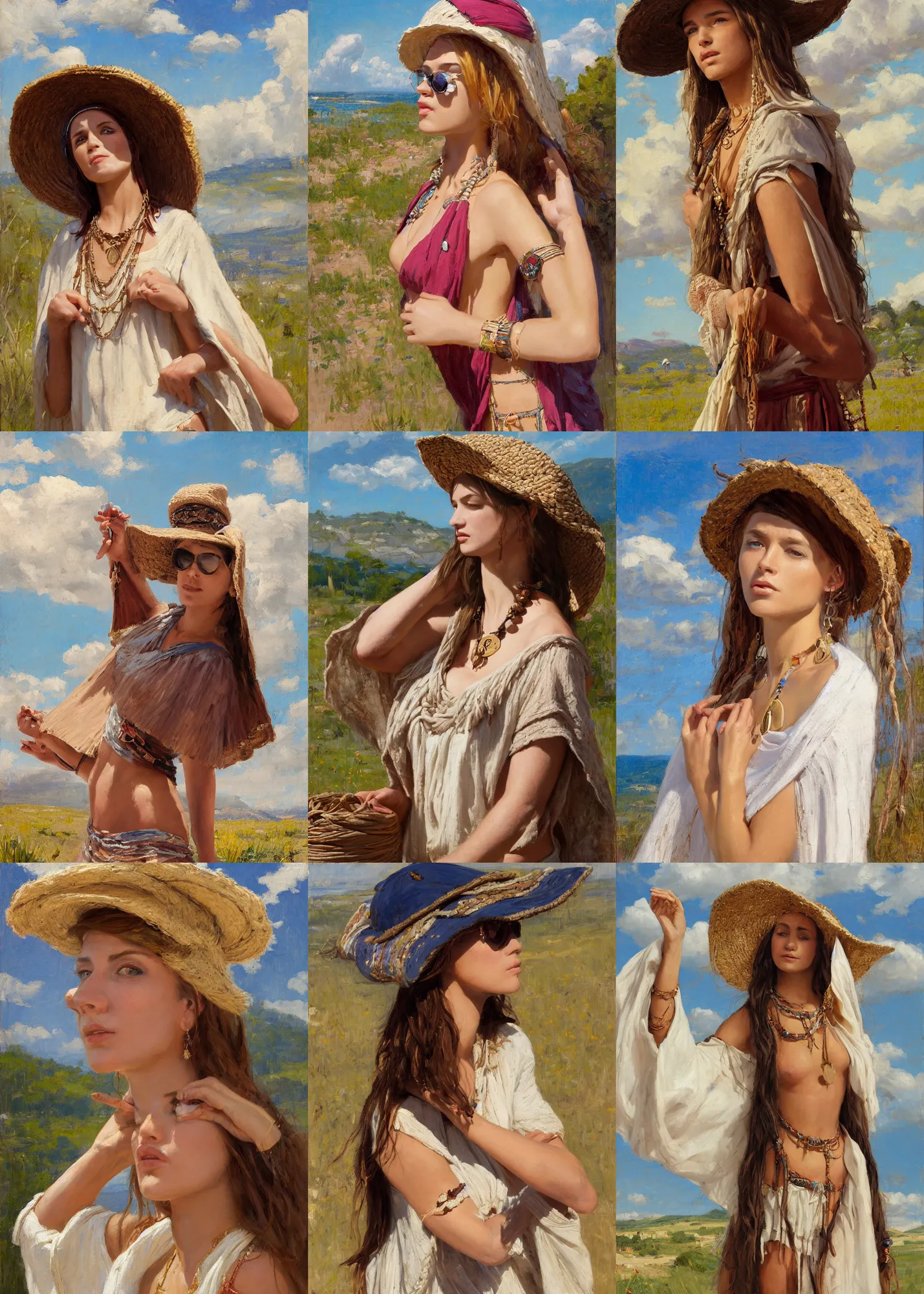 Prompt: portrait of medieval farmer beautiful young girl with wooden jewelry, mediterranean features, wearing rich jewerly hat and white boho poncho, bikini beach, sunglasses, fantasy character portrait, decollete, lying dynamic pose, above view, sunny day, thunder clouds in the sky, artwork by Jeremy Lipkin and Giuseppe Dangelico Pino and Michael Garmash and rob rey, levitation, industrial rusty pipes, simple form, brutal shapes