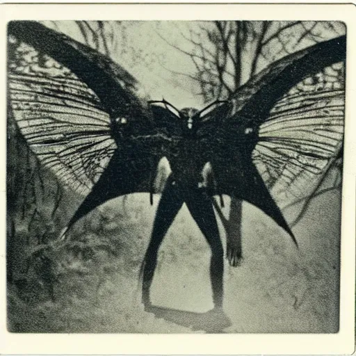 Prompt: real Polaroid picture of mothman with glowing eyes, realistic, picture taken in 1980, dark, scary atmosphere