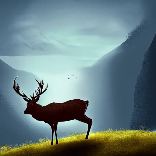 Image similar to Illustration of a stag on a hillock looking over the valley, concept art, ambient light, dynamic lighting