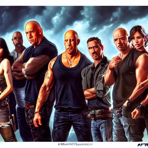 Prompt: A group photo of the Fast and Furious cast but it's all Vin Diesel, western, D&D, fantasy, intricate, elegant, highly detailed, digital painting, artstation, concept art, matte, sharp focus, illustration, art by Artgerm and Greg Rutkowski and Alphonse Mucha