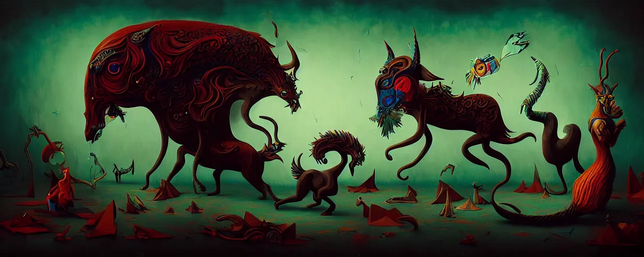 Image similar to strange mythical beasts of whimsy, surreal dark uncanny painting by ronny khalil