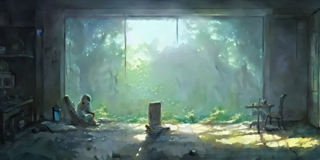 Prompt: a wholesome animation key shot of a post apocalyptic room, covered by nature hipster vibes by studio ghibli, animation, sharp, rendered in unreal engine 5, focused, anime key art by greg rutkowski, bloom, dramatic lighting