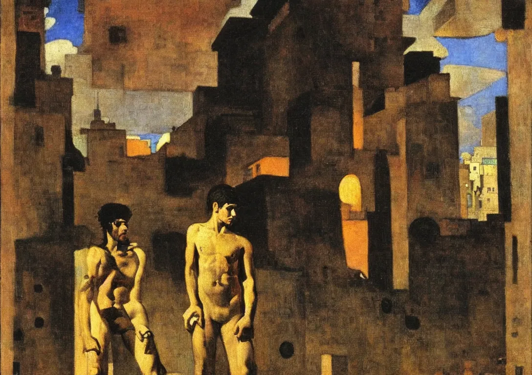 Prompt: a punk latino greek god following a watchful light through the streets of a city, muted color scheme, sparse detail, by george luks, joan miro and moebius