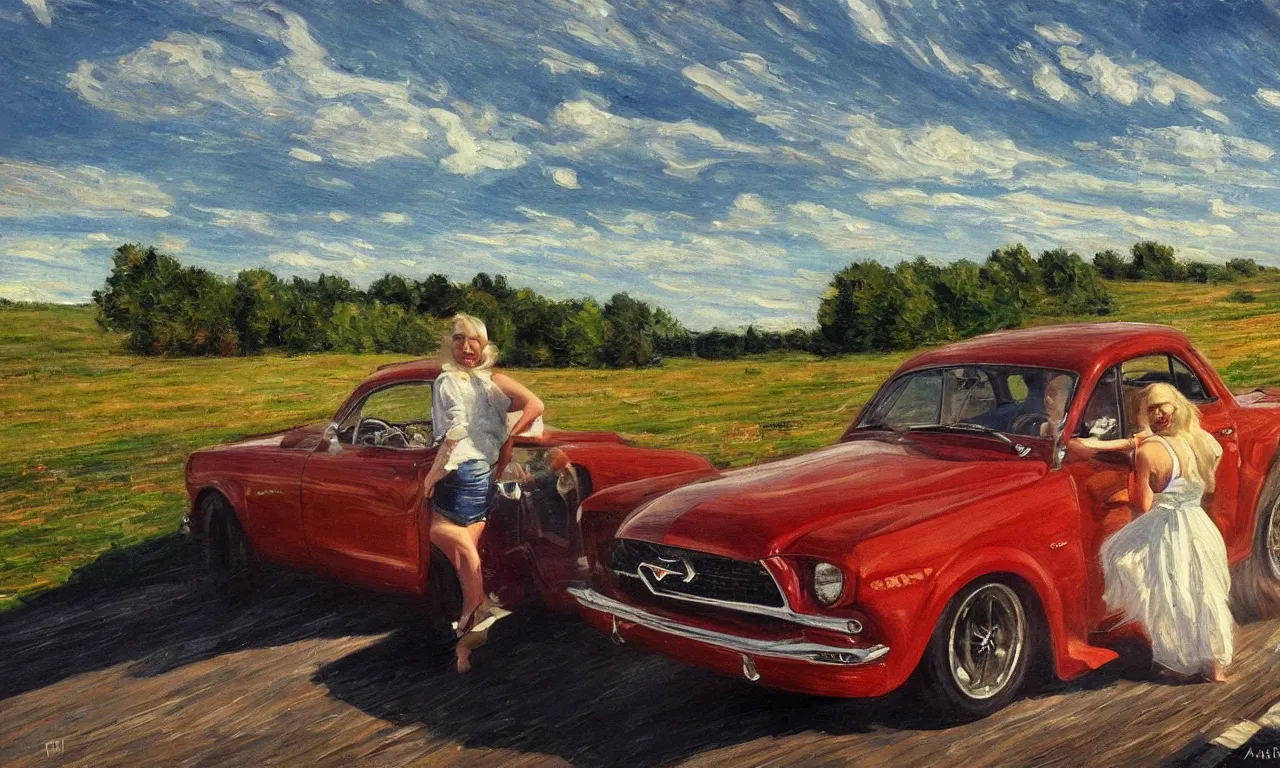 Image similar to 1950 blonde driving a Ford mustang on a country road, Swedish countryside, freedom, dawn, impressionism, realistic, painting, trending on artstation, beautiful, masterpiece