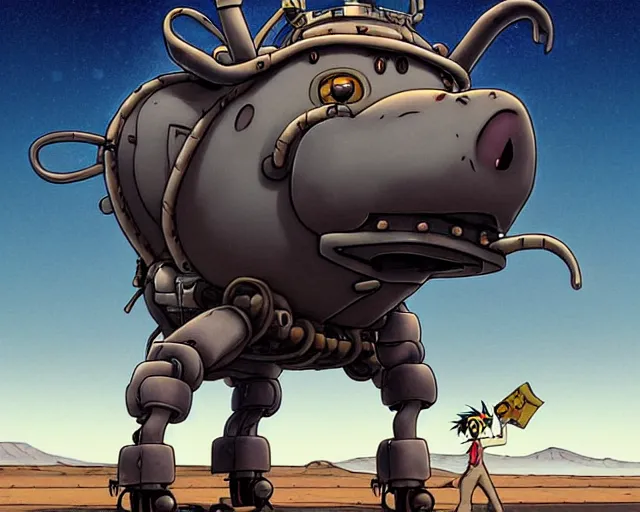 Image similar to a cell shaded cartoon grey lovecraftian mechanized bull from howl's moving castle ( 2 0 0 4 ), with a big head, on a desert road, wide shot, in front of a big moon, muted colors, post grunge, josan gonzales, wlop, by james jean, victor ngai, hq, deviantart, art by artgem