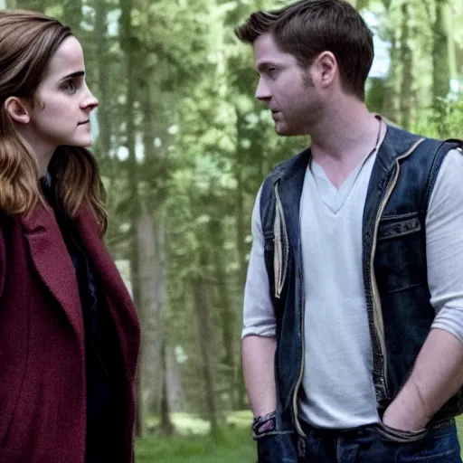 Image similar to still of emma watson talking to dean in supernatural, 4 k