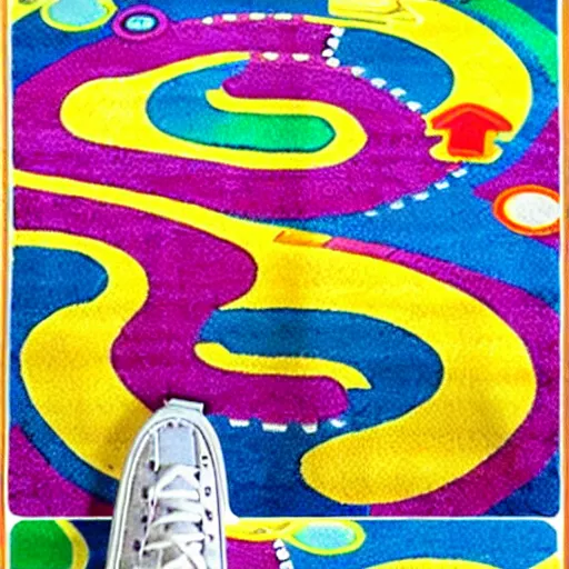 Image similar to a futuristic kids road map carpet rug, designed by lisa frank