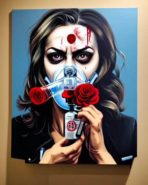 Image similar to portrait of a spy wearing oxygen mask, has blood, rose, a pistol and a syringe needle with sea background intricate details with horror side profile by Sandra Chevrier