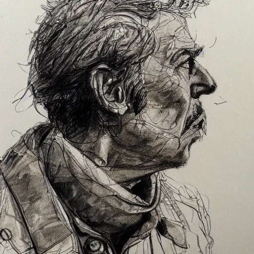 Image similar to a realistic yet scraggly portrait sketch of the side profile of a stern and sophisticated kramer, trending on artstation, intricate details, in the style of frank auerbach, in the style of sergio aragones, in the style of martin ansin, in the style of david aja, in the style of mattias adolfsson