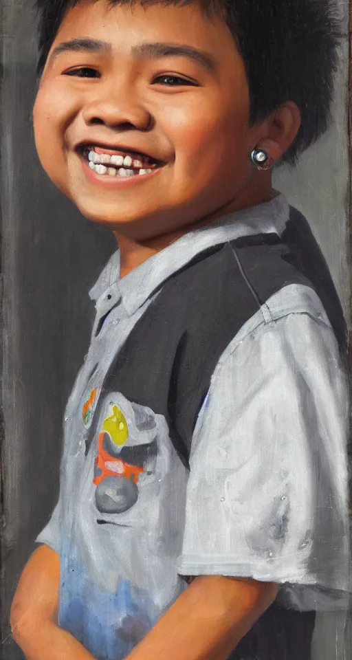 Prompt: oil portrait of a teenage chubby filipino boy smiling with crooked teeth, with a curly perm, and with small studded earings, 4 k, photorealistic, high detail