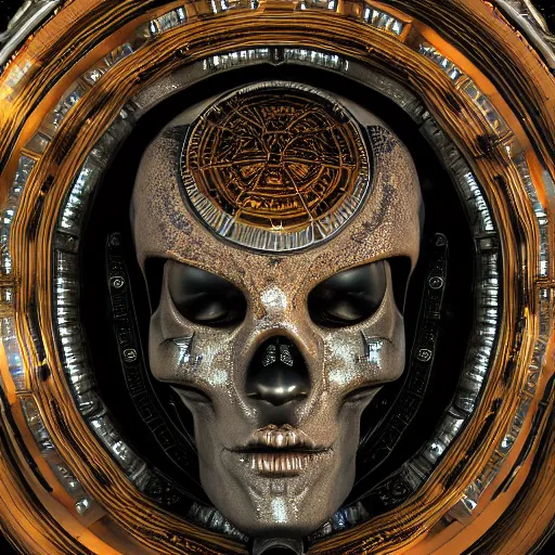 Image similar to cosmic deity with cyclops stargate eye and circuit board structure skull, intricate detail, royo, whealan, giger, hd, 8 k, octane render, unreal engine,