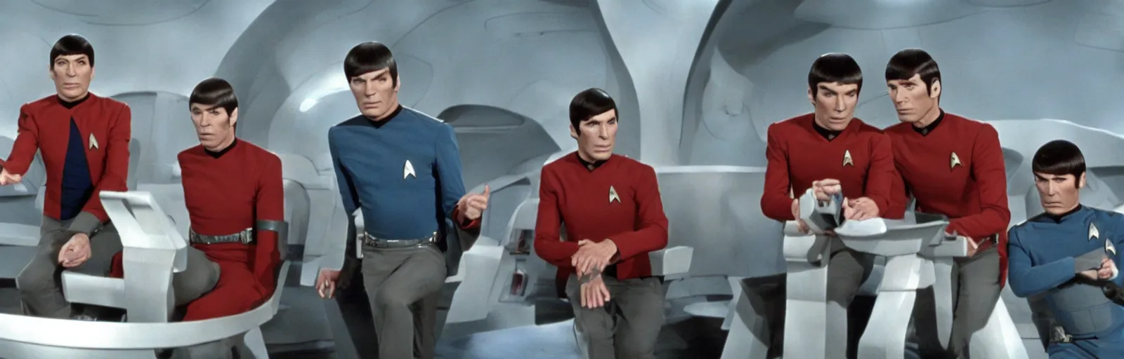 Image similar to a screencap of captain kirk, mr. spock and doctor mccoy on the bridge of the enteprise, in star trek the original series