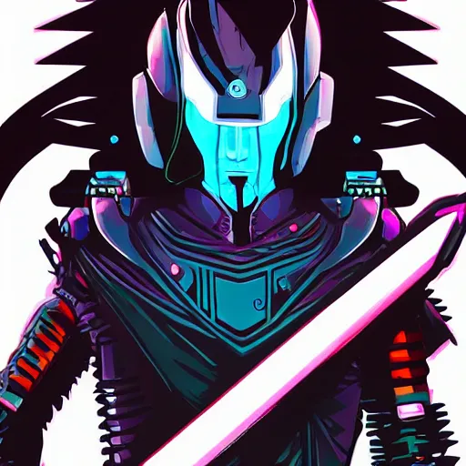 Image similar to katana zero video game character, huge sword, futuristic full body armor, cyborg, synthwave art, retrofuturist, realist, colorful, digital art, thiago lehmann