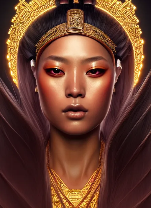 Image similar to portrait of samurai queen, fantasy, rule of thirds, intricate, neon highlights, octane render, detailed, beautiful, brown skin, unreal engine, symmetrical!!, loreal, maybelline, sephora, loreal, artstation, art by karol bak, art by artgerm, rossdraws, cinematic, concept art, filmic, vsco