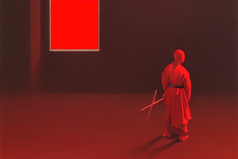 Image similar to only with red, a red samurai harakiri, tokio, a lot of frogs watch, in the style of beksinski, parts by edward hopper, parts by rodcenko, parts by yue minjun, intricate and epic composition, red by caravaggio, insanely quality, highly detailed, masterpiece, red light, artstation, 4 k