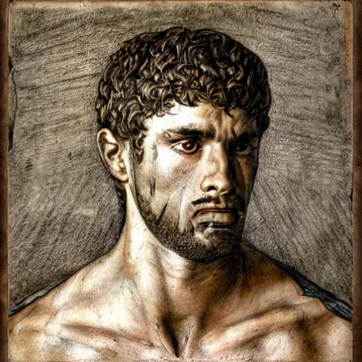 Image similar to self portrait, roman man with battle scar on his chest holding his sword on his shoulder, pencil art, detailed, handsome, colored, bloody