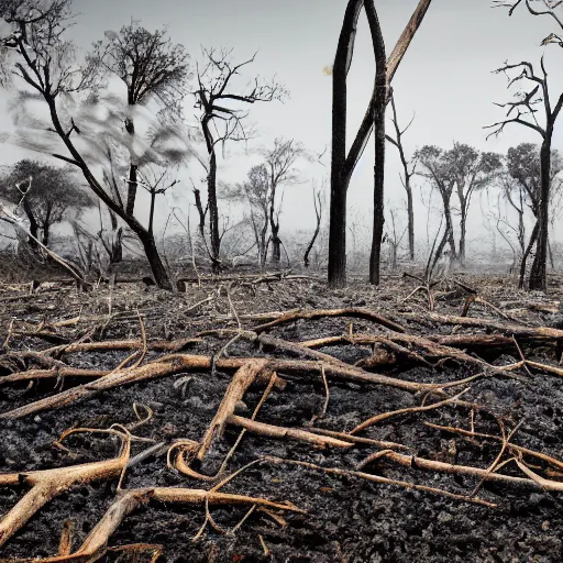 Image similar to a dry and dead forest in oil spill, coal, dust, wind, advertising photography