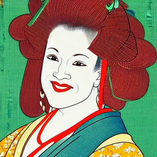 Image similar to very detailed and colorful portrait of bernadette peters smiling, painted in the ukiyo - e style