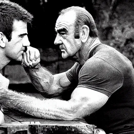 Image similar to sean connery arm wrestling rambo