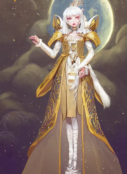 Image similar to commissioned full body portrait of a female anthro werewolf princess fursona with white hair wearing a white and gold Chinese armored dress in a white and gold palace on a starry night with a large crescent moon, by a professional manga illustrator, Stanley Artgerm Lau, WLOP, Rossdraws, James Jean, Andrei Riabovitchev, Marc Simonetti, and Sakimichan, trending on artstation