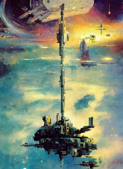 Prompt: spacious bg. minimalistic piece. simplified environment. lonely cosmos. single ship as main subject. masterpiece book cover illustration by the great famous sci - fi artist john berkey.