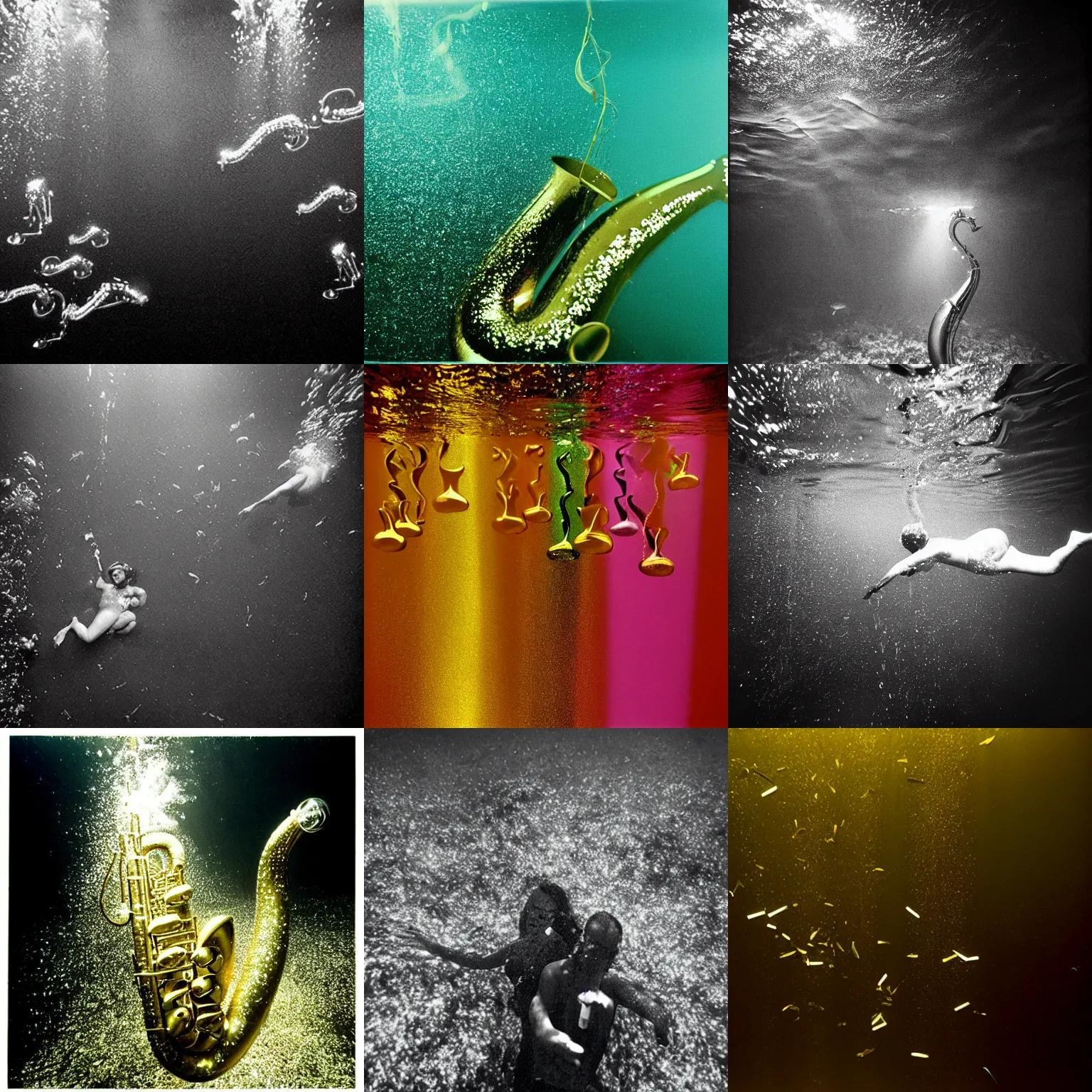 Prompt: glittery saxophones floating underwater, clean, detailed, high contrast award winning photo by Trent Parke, Magnum photos