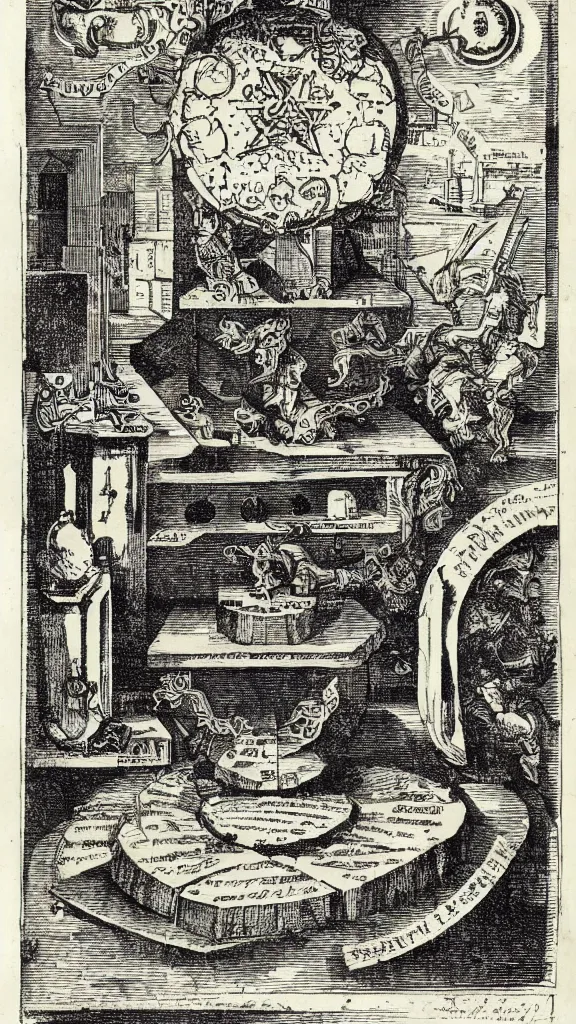 Image similar to esoteric etching print of an alchemists laboratory, amphitheatrum sapientiae aeternae, 1 5 9 5