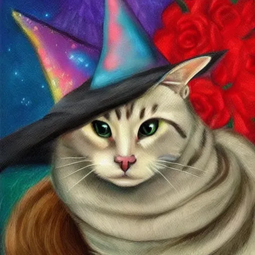 Image similar to beautiful work of art artistic painting realistic masterpiece where a cat comes out with a witch hat