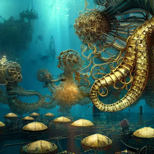 Image similar to mythical dreamy organic translucent bio-mechanical overpopulated underwater sci-fi steampunk city with seahorses, highly detailed, intricate crystal jelly steampunk ornate, poetic, 3D render, digital art, octane render, 8K artistic photography, photo-realistic, by Dora Maar