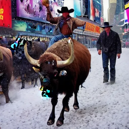 Image similar to wild west cowboy riding a buffalo in times square while it ’ s snowing