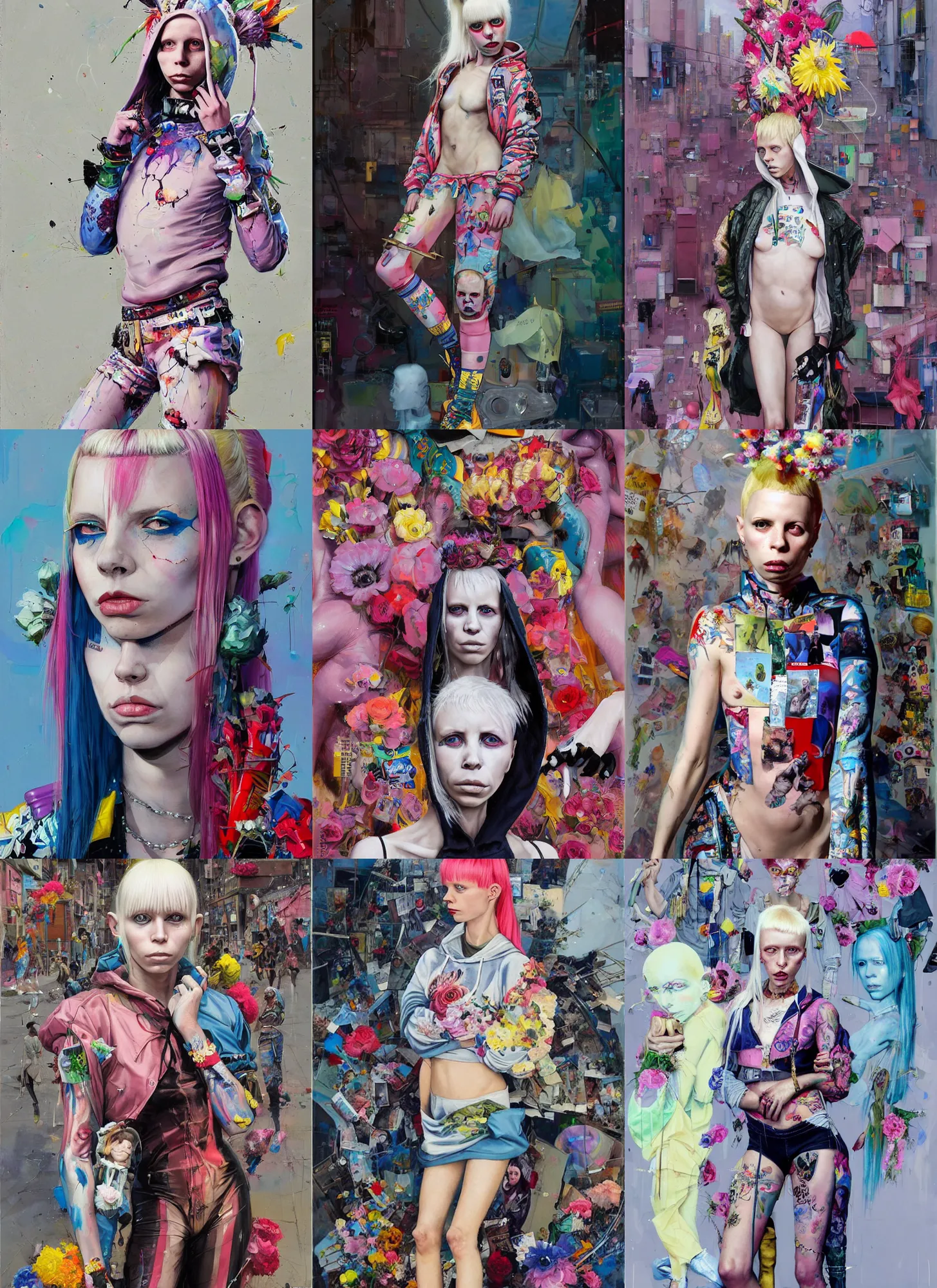 Prompt: 2 1 year old yolandi visser in style of martine johanna and donato giancola, wearing a hoodie, standing in township street, street fashion outfit,!! haute couture!!, full figure painting by john berkey, david choe, ismail inceoglu, decorative flowers, 2 4 mm, die antwoord music video
