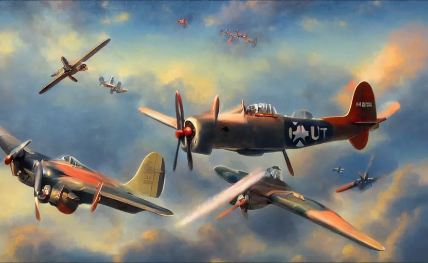 Prompt: wwii planes in an aerial dog fight by tony sart and delphin enjolras and daniel f. gerhartz