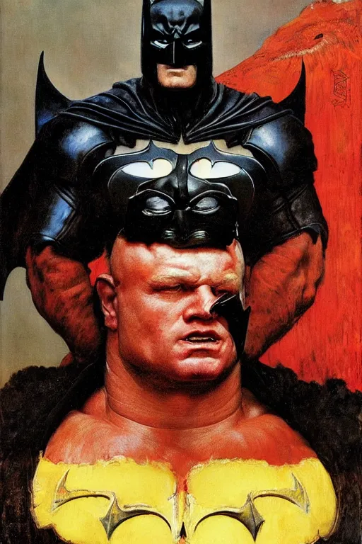 Image similar to upper body and head portrait of hulking brock lesnar as evil batman wearing cape and armour, painted by lawrence alma tadema, zdzislaw beksinski, norman rockwell, jack kirby, tom lovell, greg staples