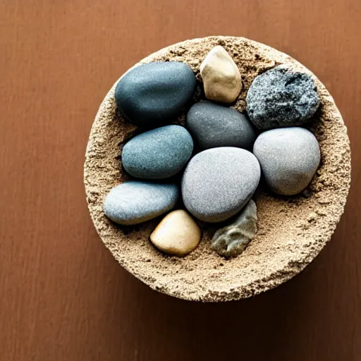 Prompt: A delicious bowl of rocks and sand