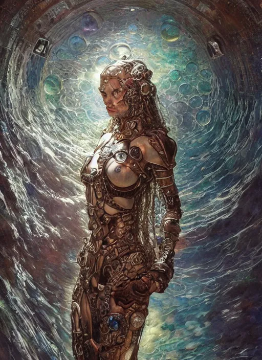 Prompt: biblical diabolical bautiful cyborg girl with glowing veins, intricate detailed porcelain armor, ocean on planet titan, underwater photography, by gerald brom, by mikhail vrubel, by peter elson, muted colors, extreme detail, trending on artstation, 8 k