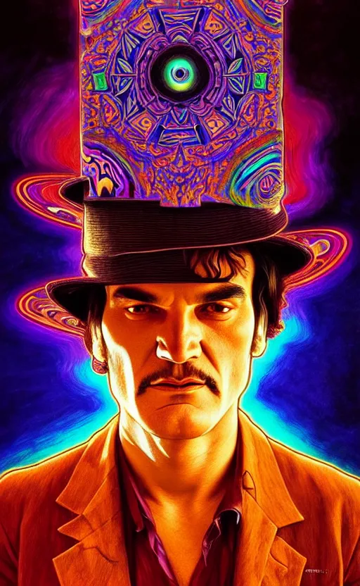 Prompt: An extremely psychedelic celestial quentin tarantino in his black fedora hat, colorful, surreal, dramatic lighting, magic mushrooms, psilocybin, LSD, face, detailed, intricate, elegant, highly detailed, digital painting, artstation, concept art, smooth, sharp focus, illustration, art by Krenz Cushart and Artem Demura and alphonse mucha