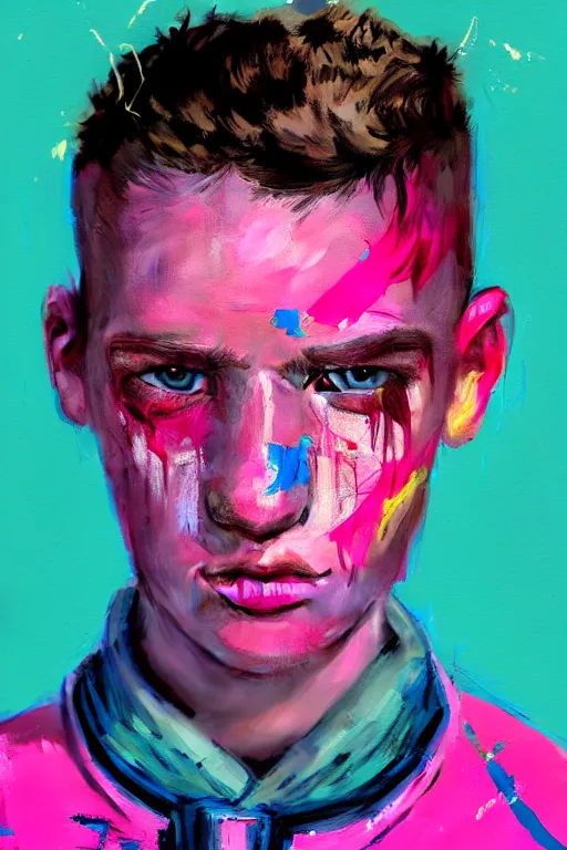 Image similar to portrait of a young soldier boy nor living in a death postapoliptic world, painterly painted in the colors hot pink and cyan, beautiful face, rule of thirds, complex outfit, spotlight, octane render, dramtic lit, by greg rutkowski, by jeremy mann, by francoise nielly, by van gogh, digital painting
