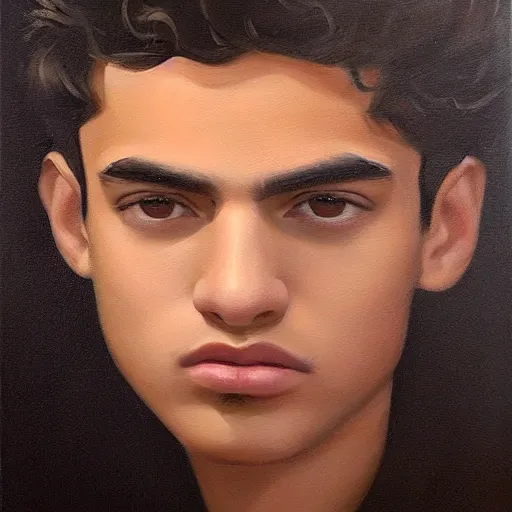 Image similar to oil painting by ilya kuvshinov, baugh casey, rhads, coby whitmore, of a youthful persian - indian college student, fair olive skin, refined features, high cheekbones, handsome, curly black hair, outdoors, highly detailed, breathtaking face, studio photography, dawn, intense subsurface scattering, blush, supple look, innocence, intense sunlight