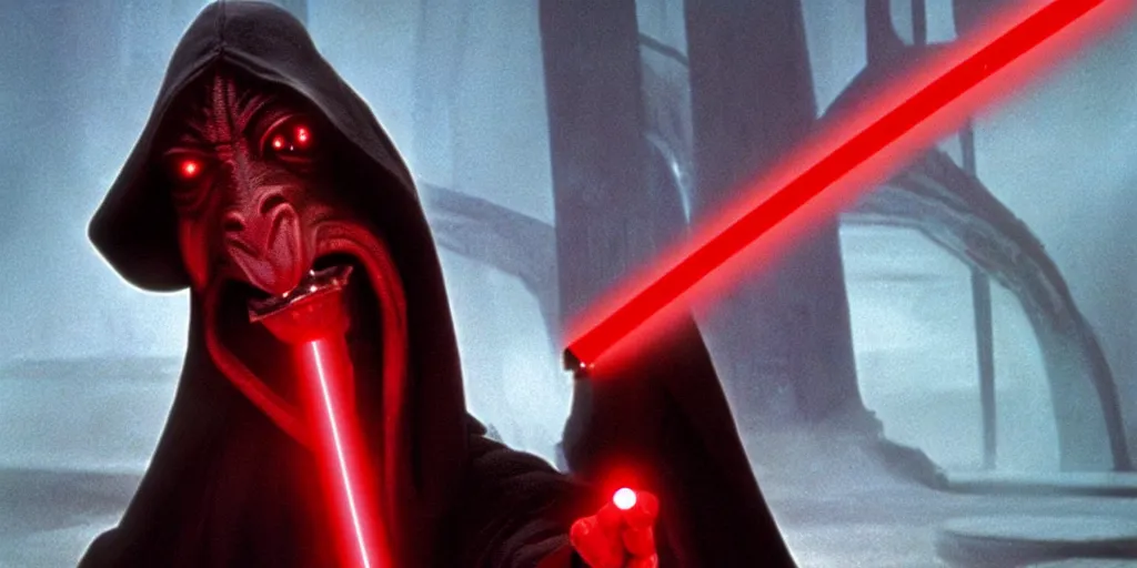 Image similar to jar jar binks as a sith lord, holding a red lightsaber