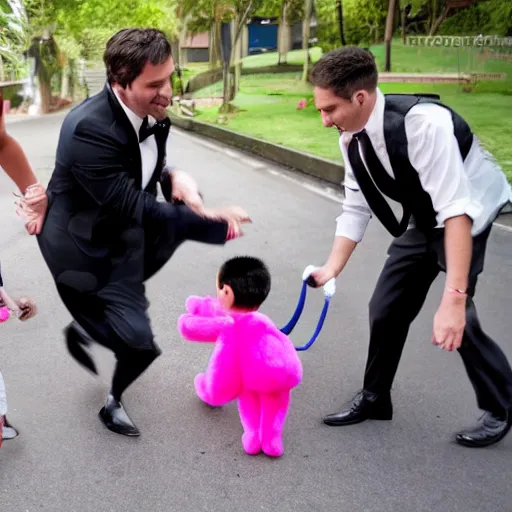 Prompt: little boy being taken away from family by a pink monkey wearing a black tie