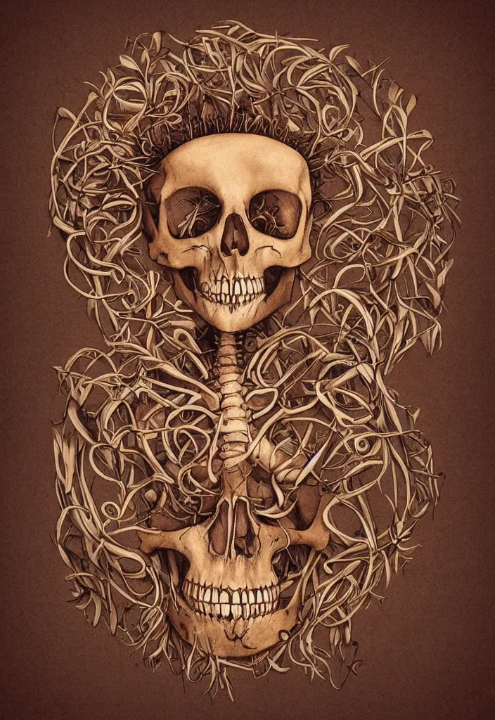 Image similar to a eeire flower skeleton, artistic, brown background, digital art.